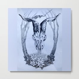 Epilogue Metal Print | Drawing, Life, Nature, Regeneration, Natural, Goatskull, Death, Clematispaniculata, Horns, Leaves 