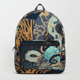 Metallic Octopus II Backpack | Digital, Mint, Indigo, Copper, Octopus, Curated, Sea, Ocean, Organic, Graphicdesign 