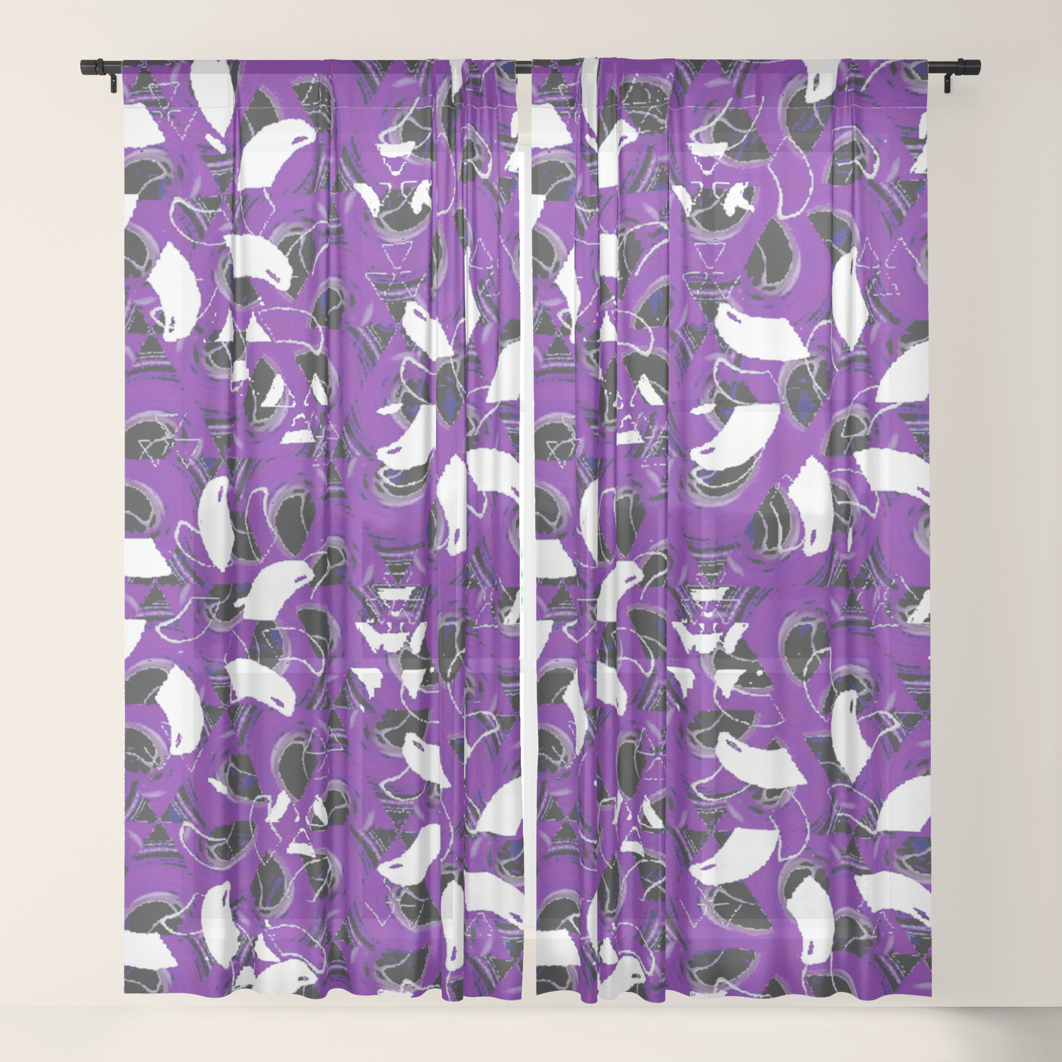 Purple White Black Grey Abstract Geometric Floral Pattern Sheer