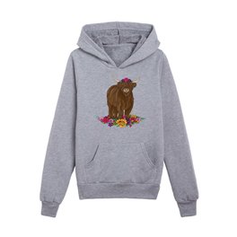 Highland Cow with Flowers Kids Pullover Hoodie