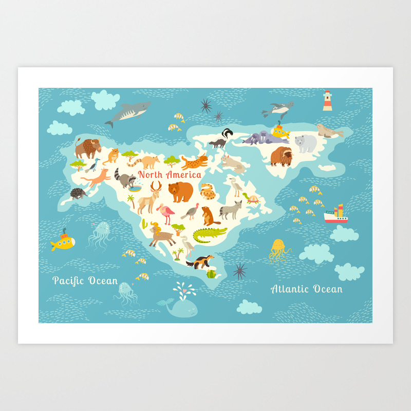 Animals world map, North America. Colorful cartoon vector illustration for  children and kids. Presch Art Print by Rimma | Society6