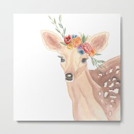 Watercolor Deer Flower Crown Metal Print | Girly, Crown, Woodland, Cute, Fawn, Flowers, Boho, Botanical, Home, Floral 