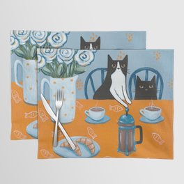 Cats and a French Press Placemat | Acrylic, Painting, Folkart, Art, Tuxedocat, Frenchpress, Blueandorange, Curated, Cat, Flowers 