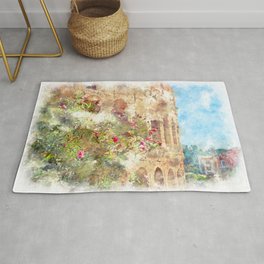 blooming rhododendron on a background of Colosseum Rug | Roma, Coliseum, Italy, Rome, Colosseum, Bloom, Drawing, Watercolour, Watercolor, Rhododendron 