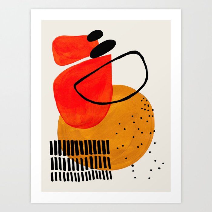Mid Century Modern Abstract Colorful Art Yellow Ball Orange Shapes