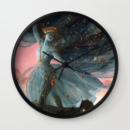 The Veil of Night Wall Clock | Fantasy, Goddess, Watercolor, Jewellery, Curated, Stars, Night, Acrylagouache, Landscape, Jewels 