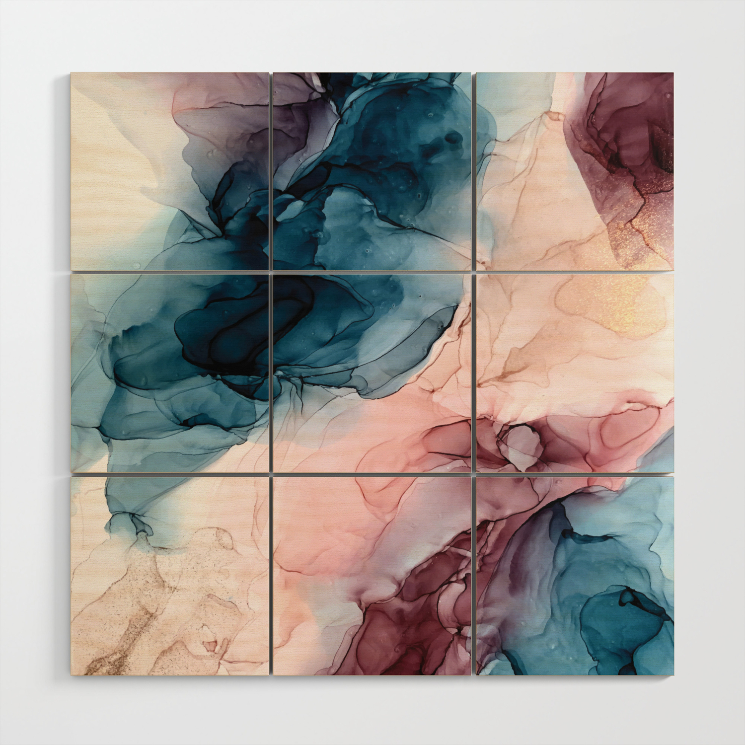 Pastel Plum Deep Blue Blush And Gold Abstract Painting Wood Wall