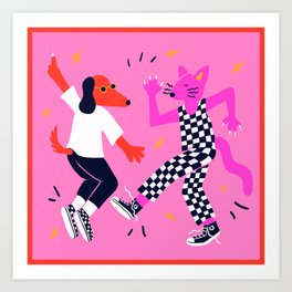 Disco Queens Art Print | Digital, Animal, Graphicdesign, Wild, Curated, Cat, Disco, Checkered, Pink, Boogie 