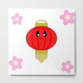 Kawaii Cute Red Lantern with Pink Cherry Blossom Sakura Flowers Metal Print | Pop Art, Cutecharacter, Cherryblossom, Japanese, Pattern, Pink, Chinese, Illustration, Asia, Flora 