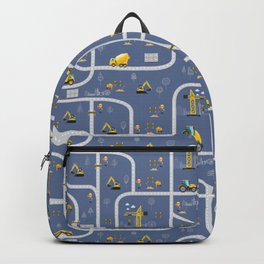 Under Construction Digger Vehicles Blue Pattern Backpack | Abstract, Pattern, Comic, Boy, Bigvehicles, Digital, Pop Art, Typography, Vector, Graphicdesign 