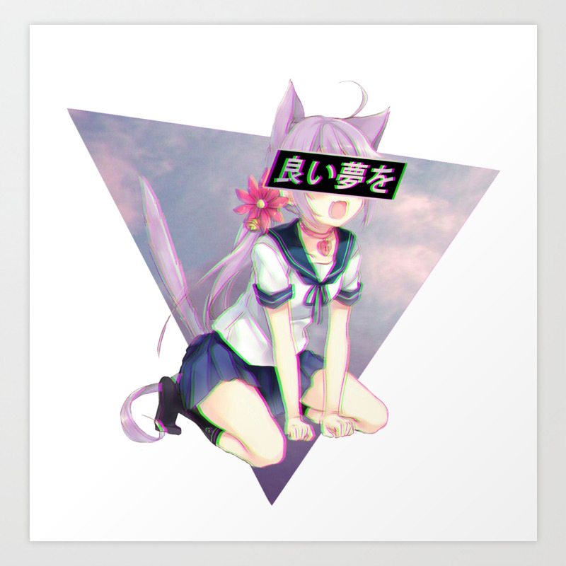 Cat Girl Neko Glitch Sad Japanese Anime Aesthetic Art Print By