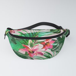 Tropical palm leaf with red flowers Fanny Pack