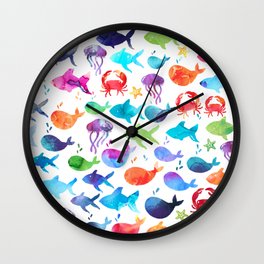 Rainbow Watercolor Under The Sea Marine Wall Clock | Fish, Graphicdesign, Watercolor, Ocean, Jellyfish, Watercolorfish, Crab, Pattern, Kids, Cute 