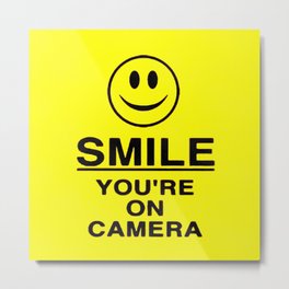 Smile You're On Camera Metal Print | Monitor, Thief, Yellow, Smileyface, Caution, Danger, Television, Trespass, Painting, Crime 