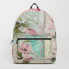 Belles Fleurs II Backpack | Shabbyroses, Painting, Cottageroses, Patchwork, Pastelpink, Leaves, Vintagebotanical, Butterflies, Petals, Pinkandblue 