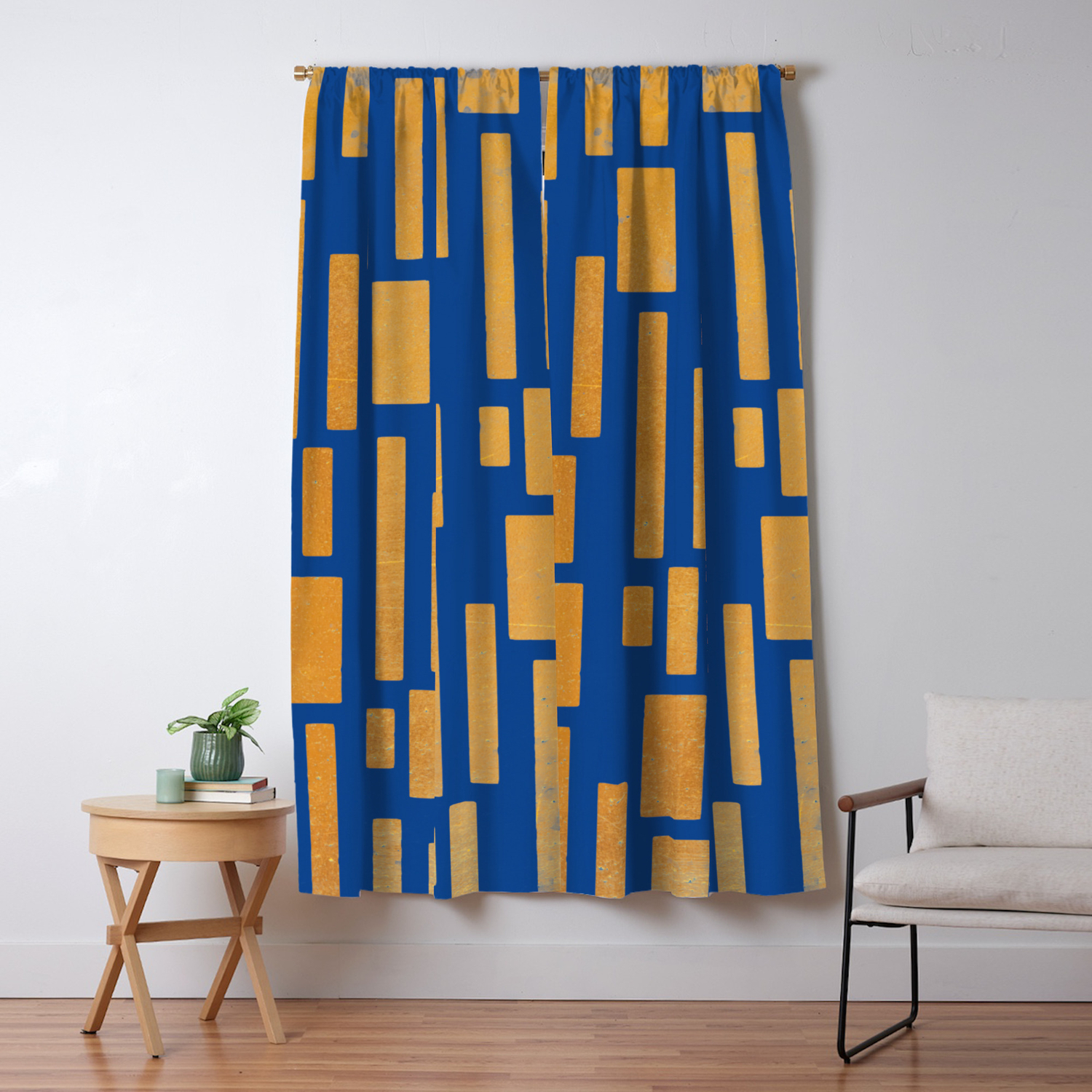 Abstract Bamboo Dark Blue Gold Mid Century Modern Blackout Curtain