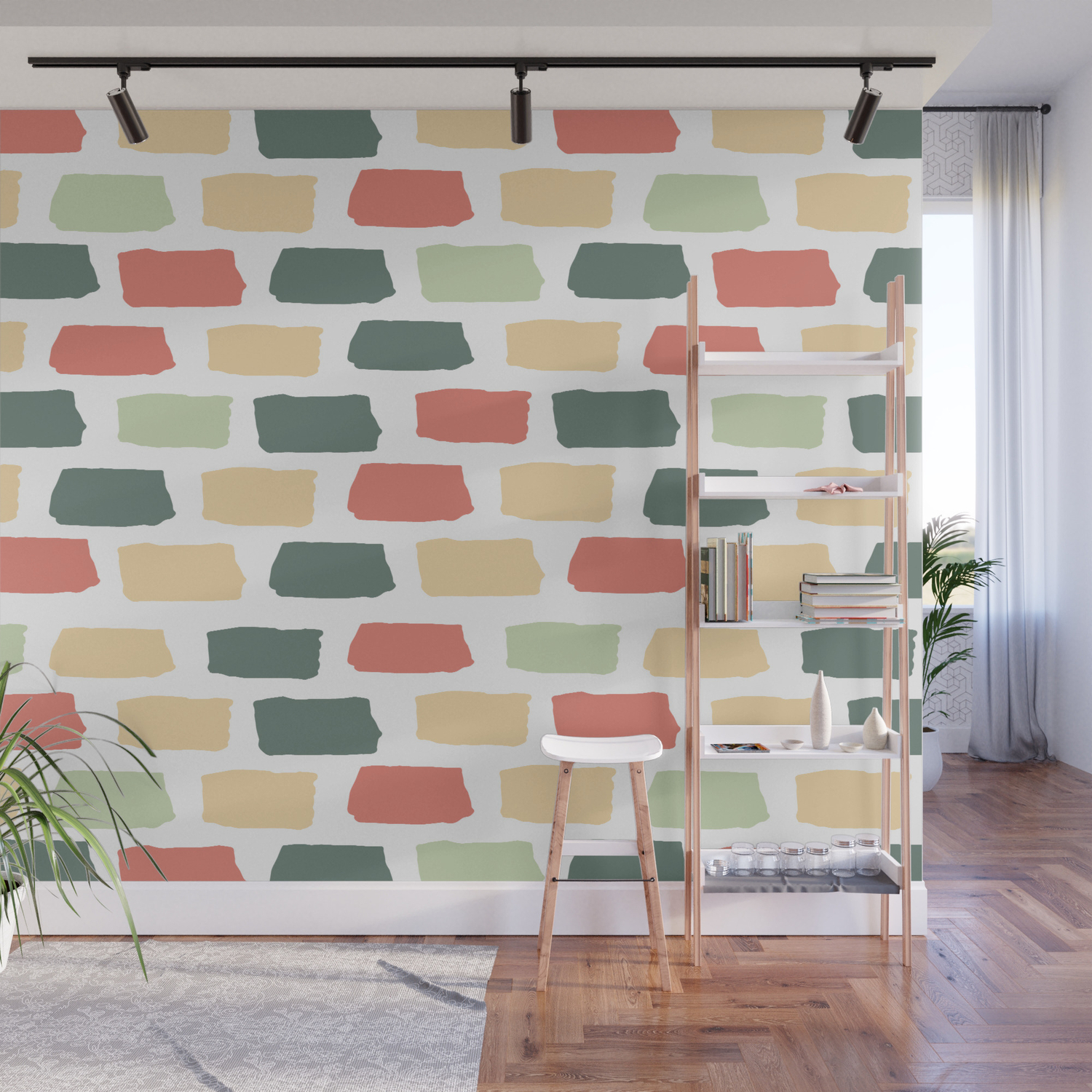 Hand Drawn Abstract Brick Wall Pattern Red Green And Yellow Wall