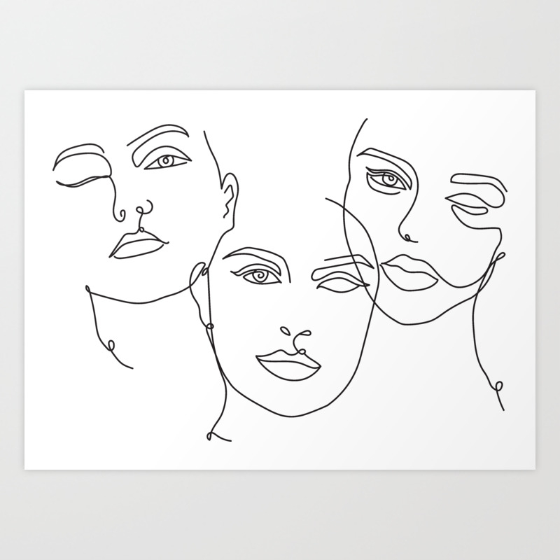Minimalist Female Faces In One Line Contour Drawing Art Print By