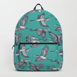 great blue herons verdigris Backpack | Sharonturner, Pattern, Curated, Illustration, Flying, Drawing, Fish, Heron, Sky, Largebird 