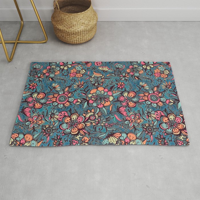 Sweet Spring Floral melon pink, butterscotch & teal Rug by micklyn