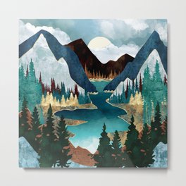 River Vista Metal Print | Teal, Forest, Nature, Green, Valley, Waves, Digital, Trees, Gold, Mountains 