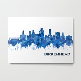 Birkenhead England Skyline Blue Metal Print | Landscape, Poster, Modern, Cityscape, Downtown, Watercolor, Skyscrapers, England, Painting, City 
