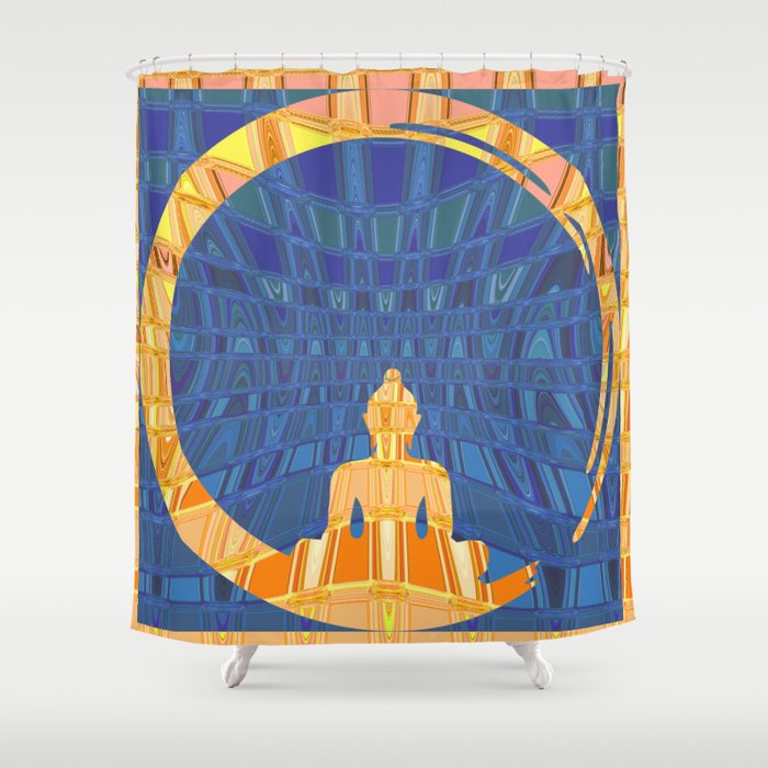 Blue And Orange Geometric Buddha Abstract Shower Curtain By