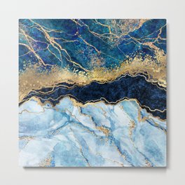 Abstract blue marble texture, gold foil and glitter decor, painted artificial indigo marbled surface, fashion marbling illustration Metal Print