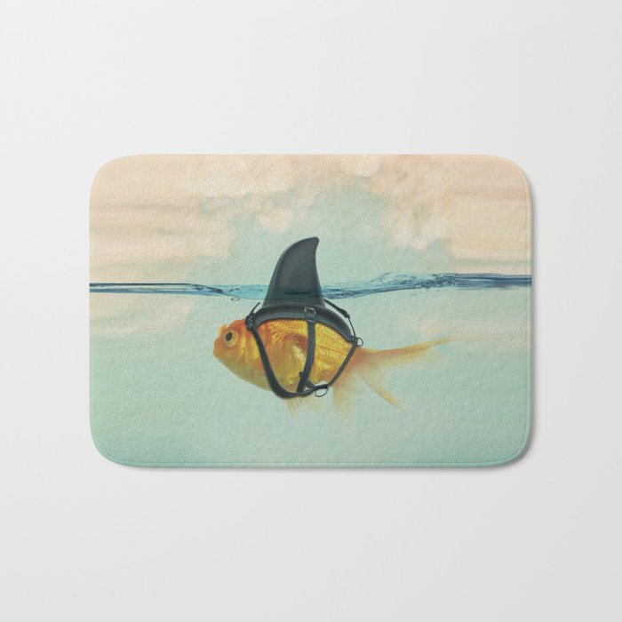 Brilliant DISGUISE - Goldfish with a Shark Fin Badematte | Graphic-design, Animals, Pop-surrealism, Digital, Aqua, Goldfisch, Teal, Orange, Natur, Hai