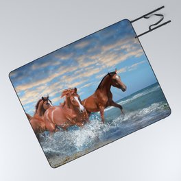 Beautiful Horses Running On Beach Through Picnic Blanket