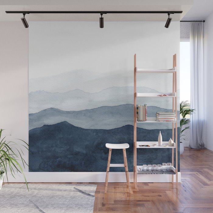 Indigo Abstract Watercolor Mountains Wall Mural By Ccartstudio
