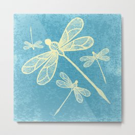 Abstract dragonflies in yellow on textured blue Metal Print