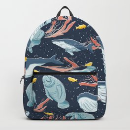 Humpback whales & Manatees on Navy blue Backpack | Nature, Goldenfish, Pattern, Underwater, Algae, Ocean, Marinelife, Animal, Fish, Wanderlust 