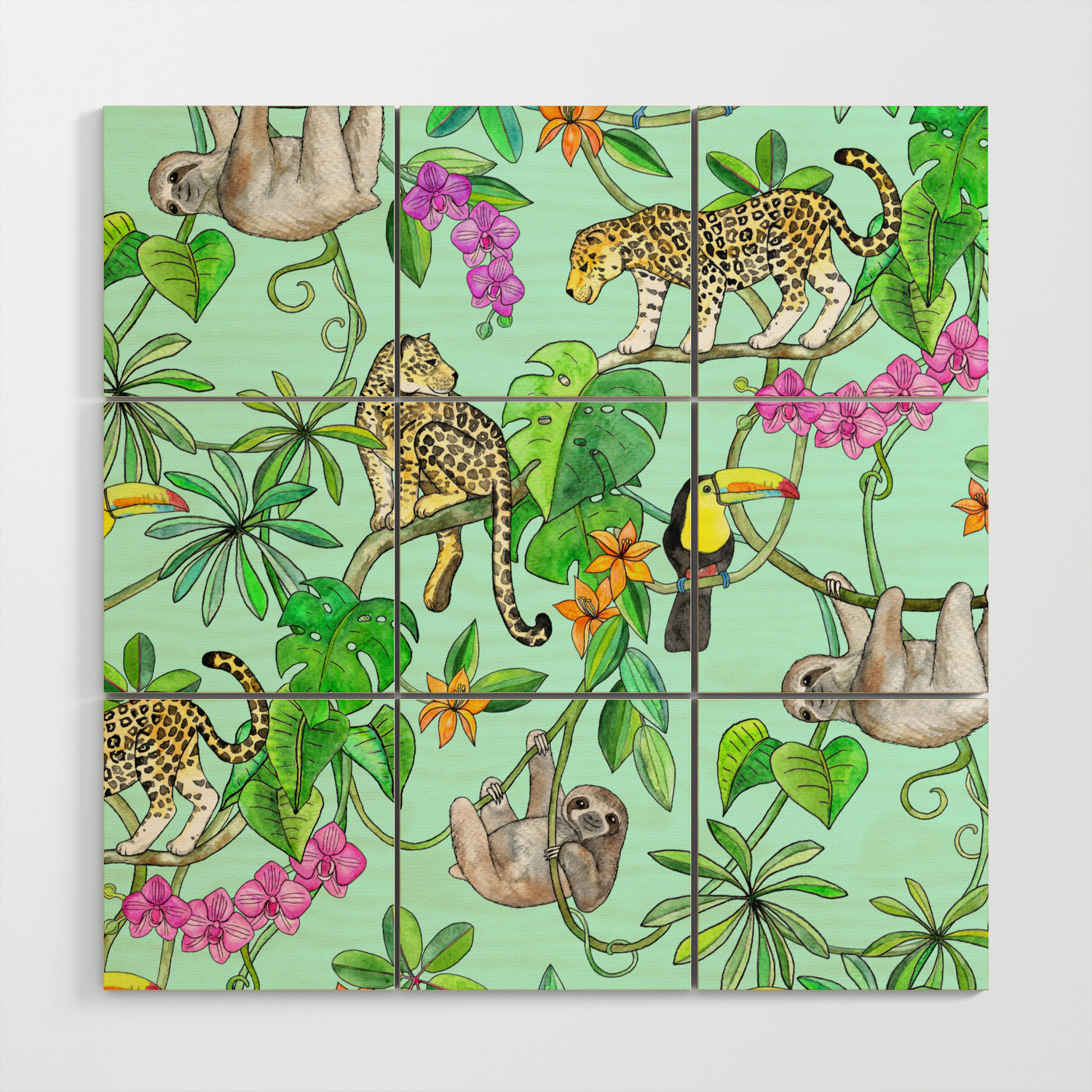 Rainforest Friends - watercolor animals on mint green Wood Wall Art by  micklyn | Society6