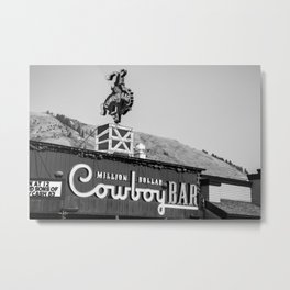 Million Dollar Cowboy Bar On Jackson Hole Square - Black And White Metal Print | Jacksonsquare, Rustic, Mountainlandscape, Bwprints, Cityscape, Cowboybar, Homedecor, Famous, Rockymountains, Neonsign 