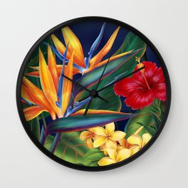 Tropical Paradise Hawaiian Floral Illustration Wall Clock | Beach, Flowers, Tropical, Plumeria, Painting, Hawaii, Scenery, Flora, Hawaiian, Floral 