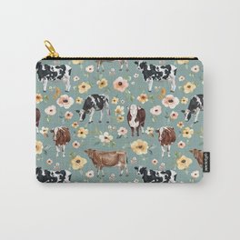 Cows and Flowers on Country Blue, Yellow Flowers, Cow Floral, Pink Flowers Carry-All Pouch | Cowillustration, Holstein, Cows, Dairyfarm, Blackandwhitecow, Painting, Browncow, Cowswithflowers, Country, Cateandrainn 