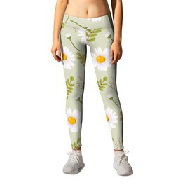 Daisy Floral Pattern-Green Leggings | Green, Girlystuff, Graphicdesign, Pattern, Floral, Flower, Whiteflower, Daisy, Digital 
