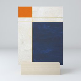 Orange, Blue And White With Golden Lines Abstract Painting Mini Art Print