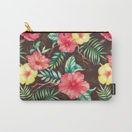Hand drawn watercolor seamless pattern with colorful tropical flowers hibiscuses and leaves on the dark background Carry-All Pouch | Drawing, Watercolor, Vintage, Graphicdesign, Homedecor, Flower, Pattern, Illustration, Retro, Dark 