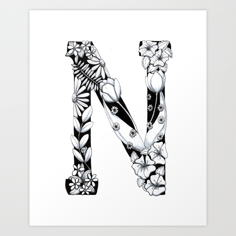 Floral Pen And Ink Letter N Art Print By Penandposy Society6