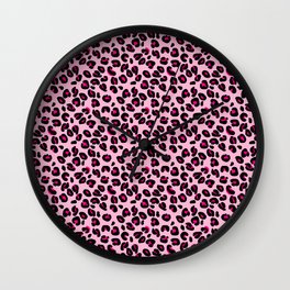 Cotton Candy Pink and Black Leopard Spots Animal Print Pattern Wall Clock
