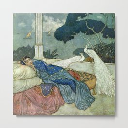 Princess Lady Yang at Midnight with white Peacocks portrait painting by Edmund Dulac Metal Print | Birds, Painting, Syria, Fantasy, Peacocks, Bedroom, Dreams, Floral, Persia, White 