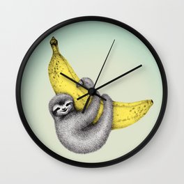 Bananas about you - sea green Wall Clock | Animal, Illustration, Sloth, Perrinlefeuvre, Pop, Cute, Blackandwhite, Bananas, Drawing, Decor 
