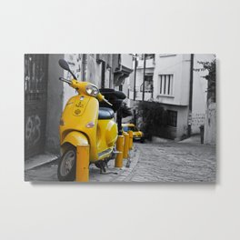 YELLOW MOTORCYCLE SCOOTER IN VINTAGE STREET Metal Print | Photo, Vintage, Black and White, Sports 