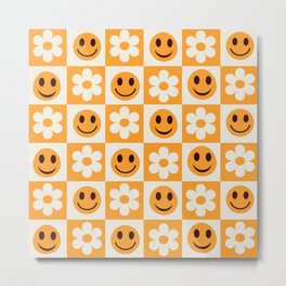 Orange and white checkered flowers and smiley faces pattern  Metal Print | Retro, Summer, Checkered Squares, Cheerful, Checkers, Preppy, Graphicdesign, Spring, Smiley Face, Flower Pattern 