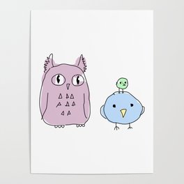 Owl and two birds cartoon drawing | Cool birds | Cute birds | Cool helmet birds Poster