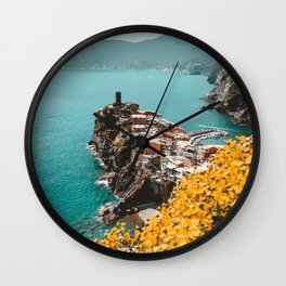 Vernazza, Italy Travel Illustration Wall Clock | Liguriancoast, Italian, Vernazza, Bluesky, Yellowflowers, Cinqueterre, Seasidetown, Mountains, Italianvillage, Cliffside 
