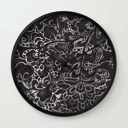 Watercolor Chinoiserie Block Floral Print in Black Ink Porcelain Tiles Wall Clock | Ornate, Asian, Oriental, Blackpaisley, Classicblack, Tile, Blackflowers, Blackfloral, Garden, Blackandwhite 