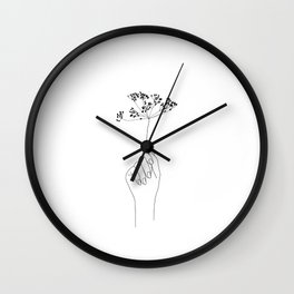 Hand holding flower illustration - Juliette Wall Clock | Gift, Art, Print, Black, Simple, Hand, Botanical, Illustration, Floral, Drawing 